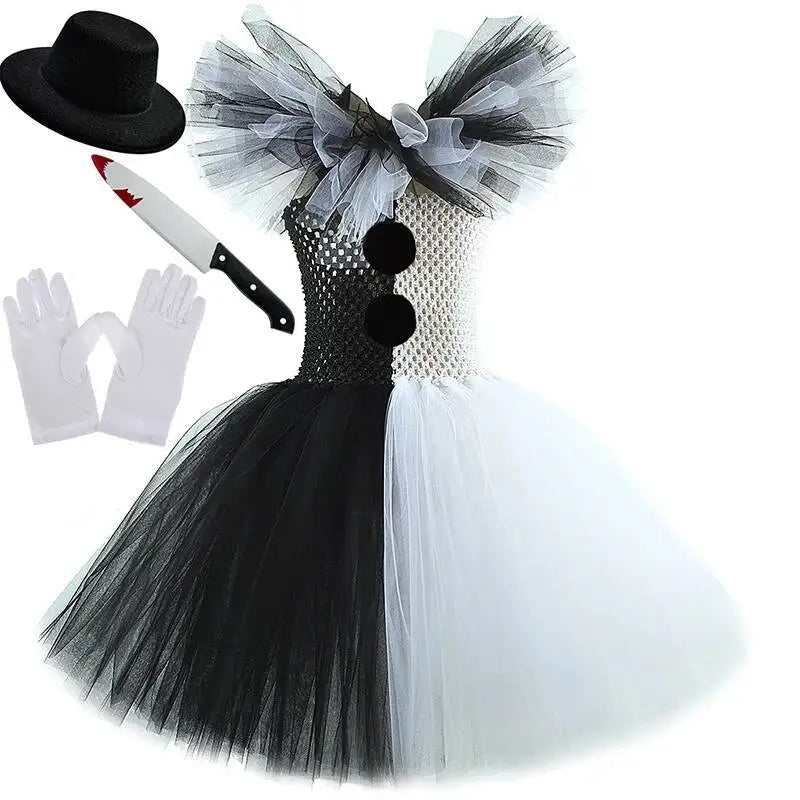 White Black Scary Clown Costumes for Girls Creepy Halloween for Kids Tutus Kids Horror - Dress with 3pc Set / 7Y