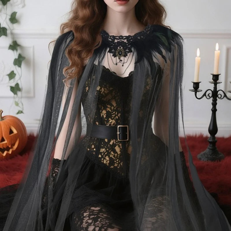 Witch Vampire Bride Medieval Feather Tulle Cloak Halloween Costume