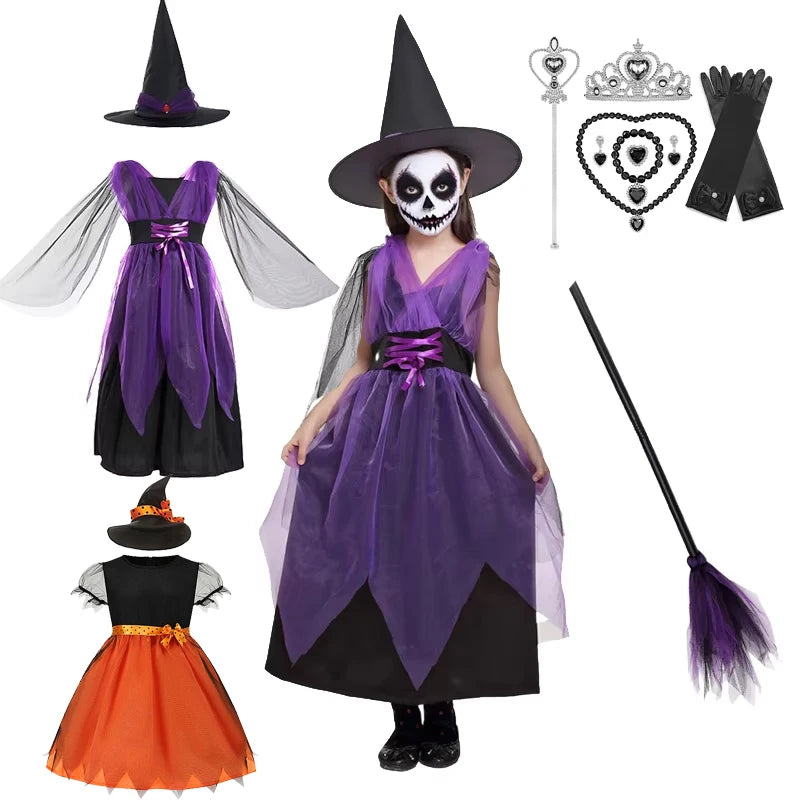 Kids Witch Halloween Costume Witch Cosplay Dress and Magic Hat Set Clothes for Girls Gothic Vampire Costume - product image 1