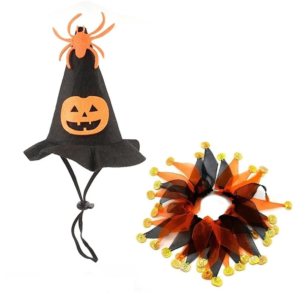 Pet Pumpkin Kawaii Cat Adjustable Props Collar Hat Mesh Costume
