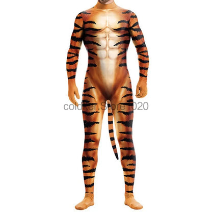 Men Halloween Animal Costume with Tail Adult Full Cover Elastic Zentai Pet Costume - 1 / XXL