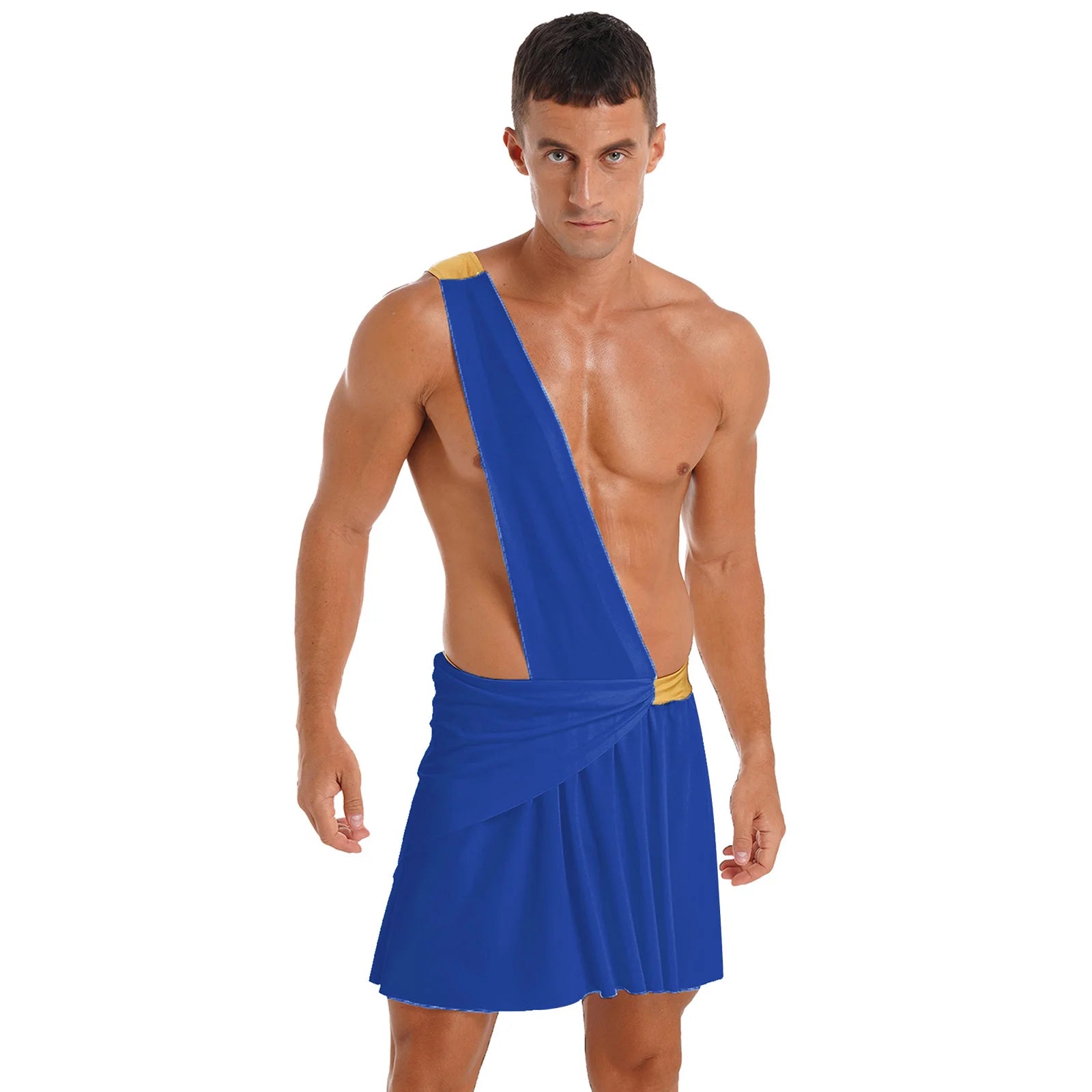 Men's Ancient Greek Warrior One Shoulder Strap Contrast Color Ruffle Skirt Costume - alternate view 8