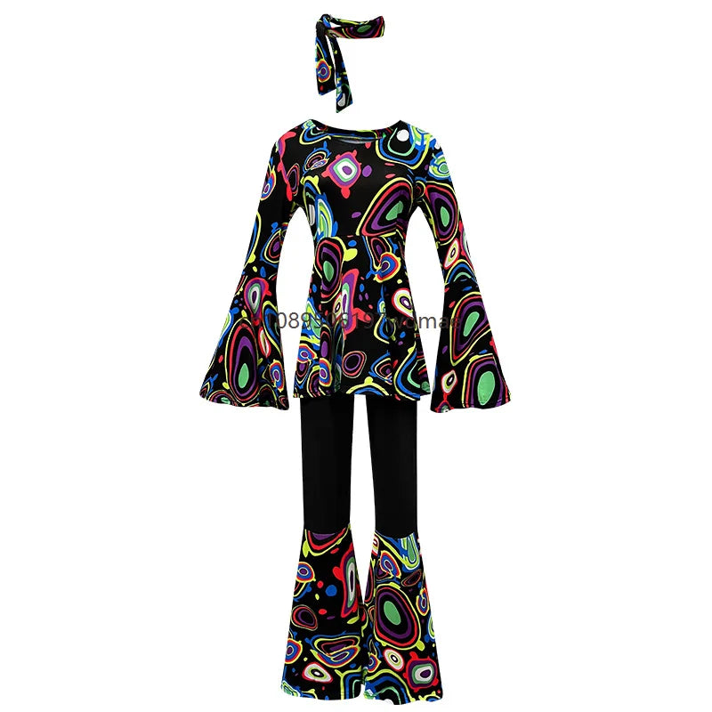 Women's Disco Multi-color Print Costume Hippie Cosplay Performance Clothes with Headband Set Female Dance - product image 10