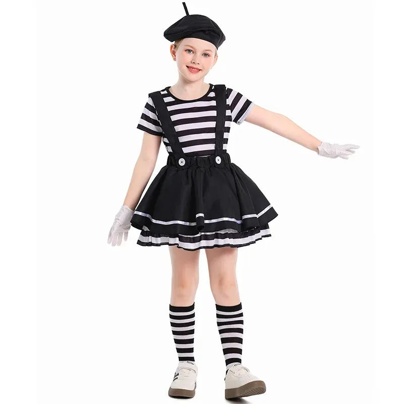 Mime Costume Clown Costume Girls Skirt T-shirt Hat Gloves Halloween Suit ﻿ - Hat Top Skirt gloves / L