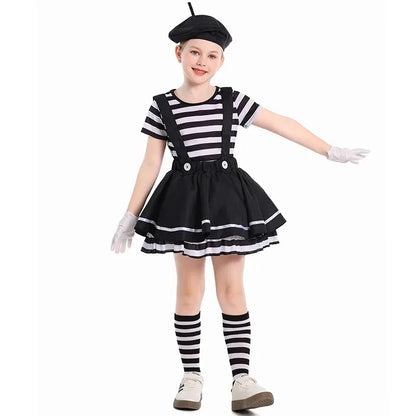 Mime Costume Clown Costume Girls Skirt T-shirt Hat Gloves Halloween Suit ﻿ - Hat Top Skirt gloves / L