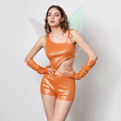Women Halloween Musa Costume Irregular Tank Top Shorts Arm Sleeves Wings Set for Costume - Orange / S