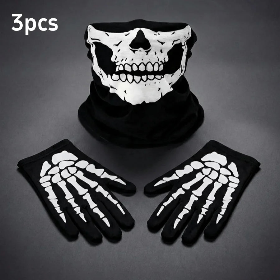 Movable Jaw Skull Mask & Skeleton Gloves – 3-Piece Horror Costume Set