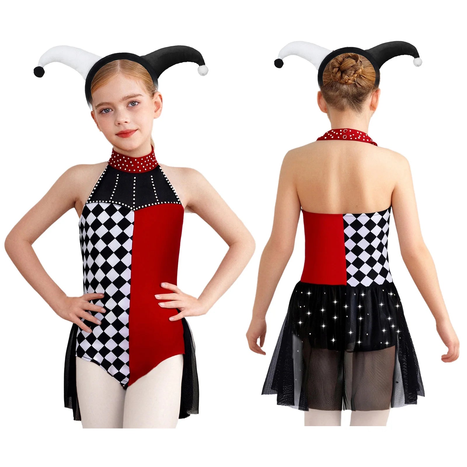 Girls Halloween Circus Clown Costume Performance Costume Sleeveless Rhinestone Mesh Dance - Burgundy Black / 8