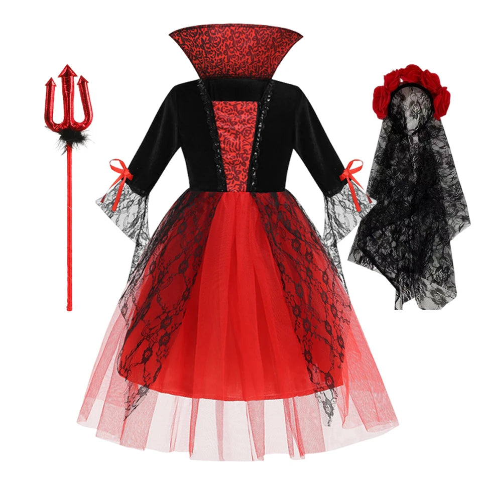 Girls Red Ghost Bride Gothic Halloween Vampire Costume Dress Up - product image 5