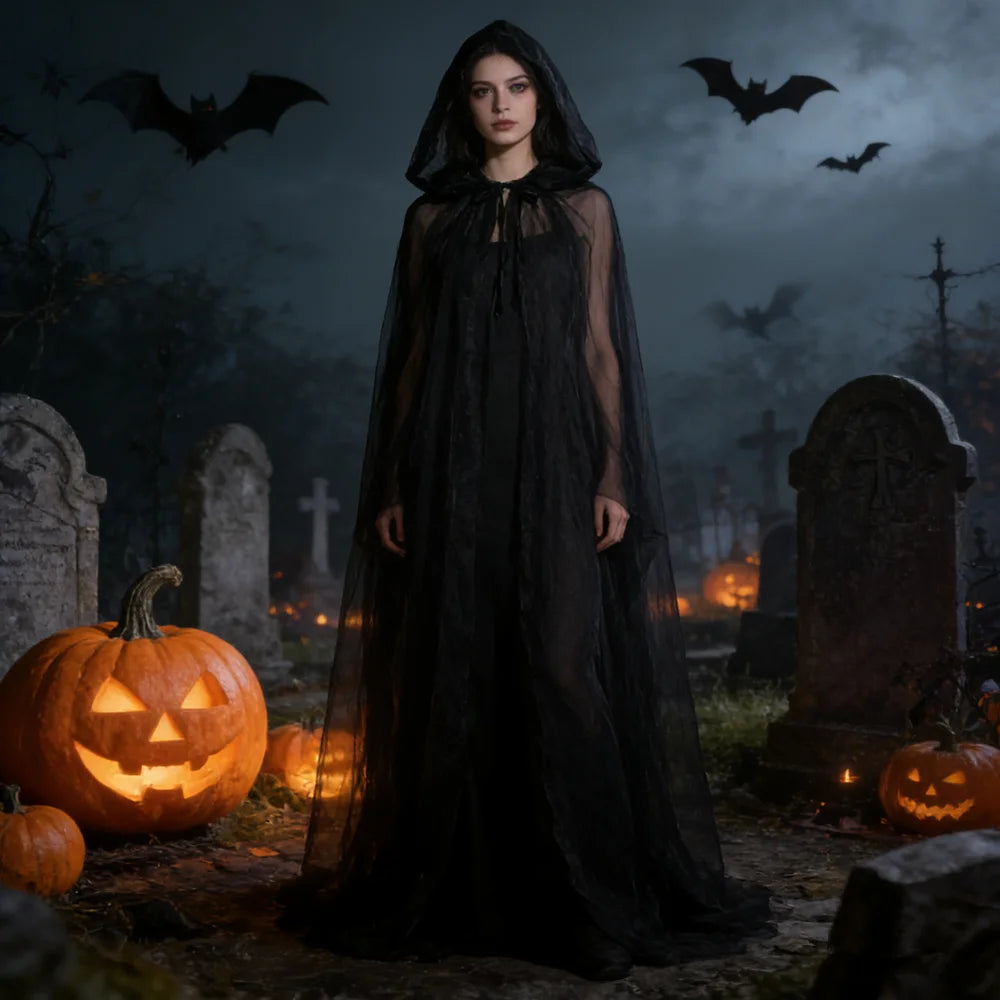 Black Bridal Shawl Witch Cosplay Cloak Halloween Cape Game Party Costume Props Holiday Dress Up Vampire - product image 1