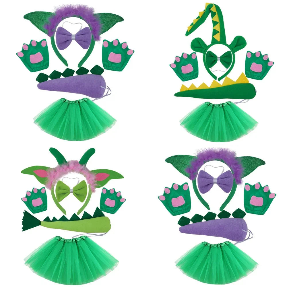 Girls Women Kids Animal Costume Dinosaur Green Tutu Skirt Ear Headband Bowtie Tail Cosplay Props Halloween - product image 1