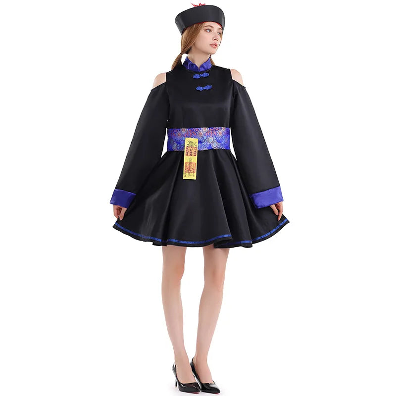 Women's Chinese Vintage Embroidered Zombie Vampire Gothic Cheongsam Dress Belt Hat - alternate view 5