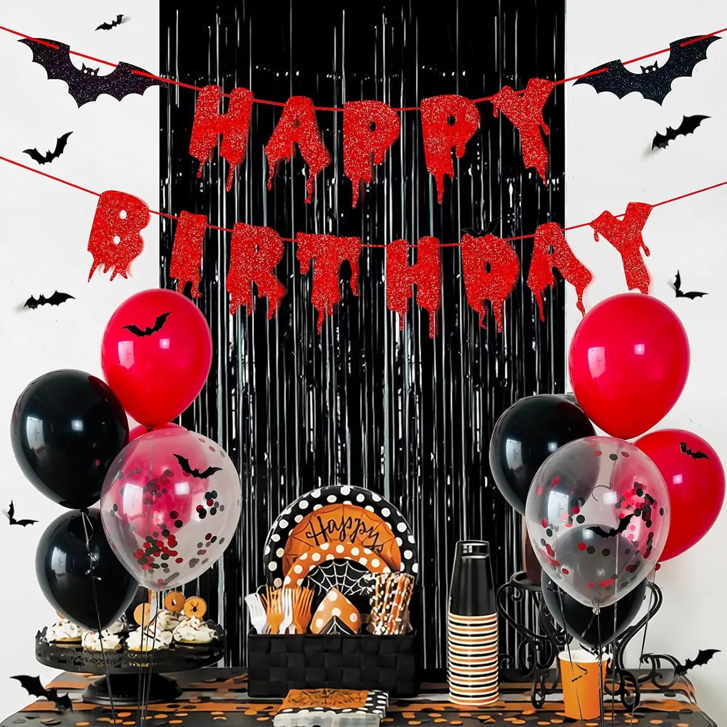 Red Shiny Happy Birthday Halloween Banner, Black Foil Curtain Backdrop, 3D - product image 1