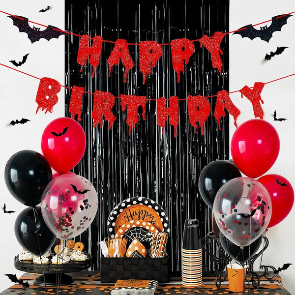 Red Shiny Happy Birthday Halloween Banner - Black Foil Curtain Backdrop - 3D