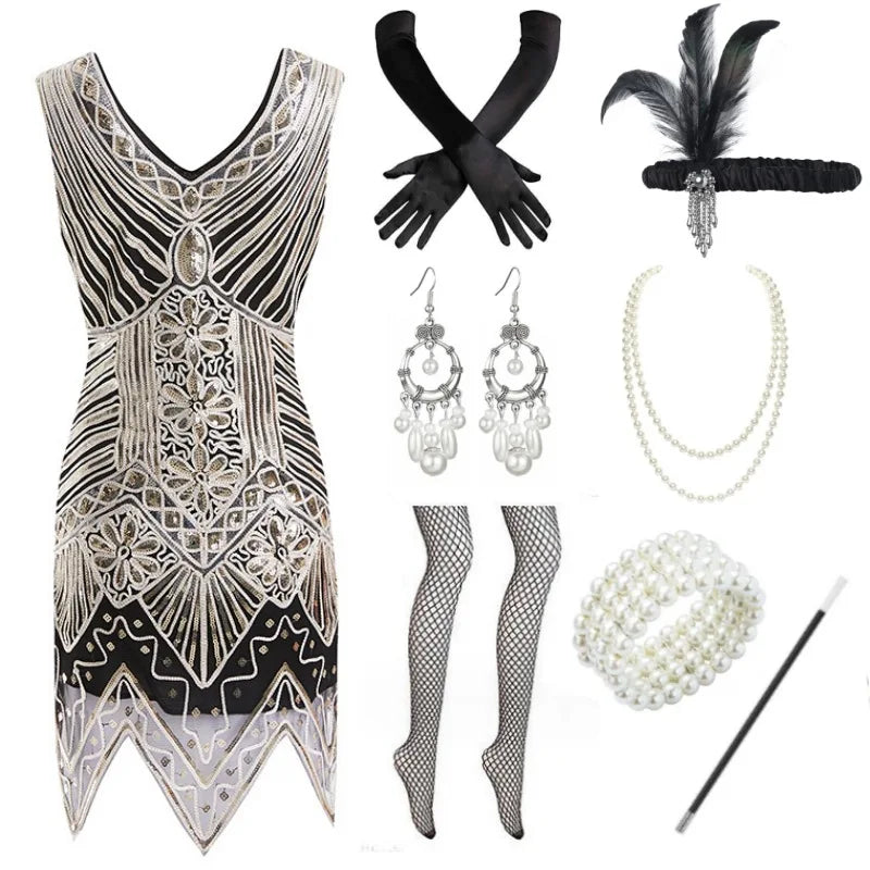1920s Flapper Dress Women Sexy Beaded Fringe Gown Vintage Sequin Net Costume Gatsby Party Holiday Outfit Jazz Girl Ball Dress Up