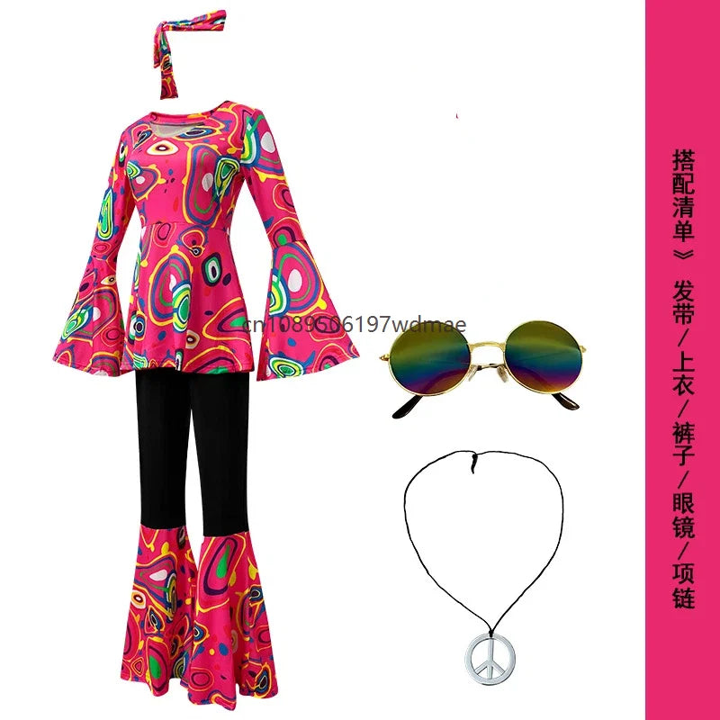 Women's Disco Multi-color Print Costume Hippie Cosplay Performance Clothes with Headband Set Female Dance - product image 14