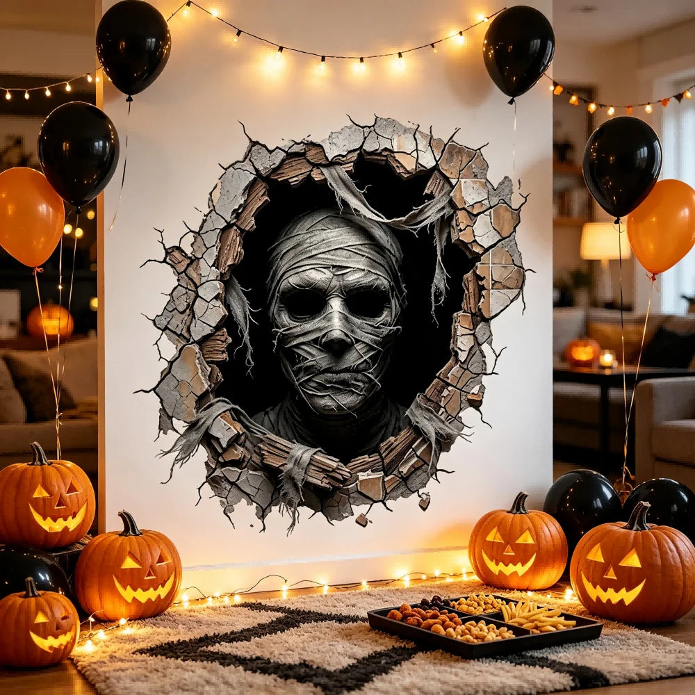 Halloween Mummy Wall Sticker - 3D Broken Wall Effect, Pvc Decal 15.7
