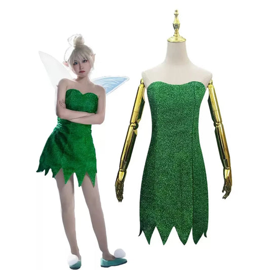 Anime Pixie Fairy Cosplay Costume Tinker Bell Green adult Dress Tinkerbell Halloween Party Sexy Cosplay Mini Dresses With Wig