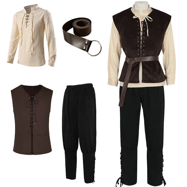 Men's 4 Pcs Renaissance Set Medieval Vest Shirt Ankle Banded Pants Viking Costume