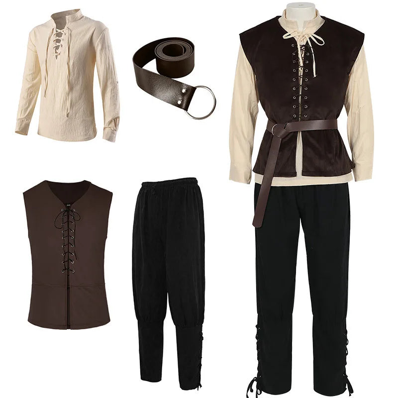 Men's Medieval Renaissance Vest Shirt Ankle Banded Pants Viking Halloween Costume - black green / XL