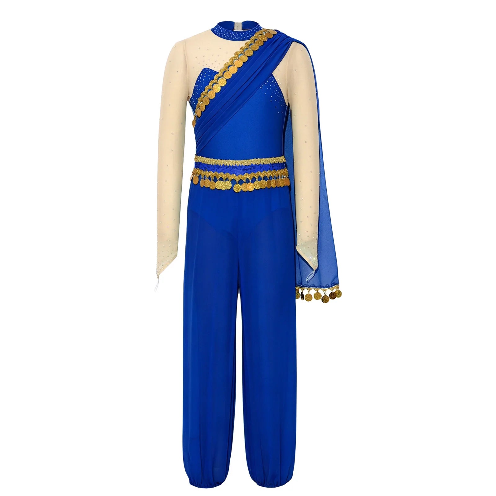Girls Arabian Princess Belly Dance Outfits Halloween Cosplay Costume Sequins Tassels Rhinestone Jumpsuit Long - product image