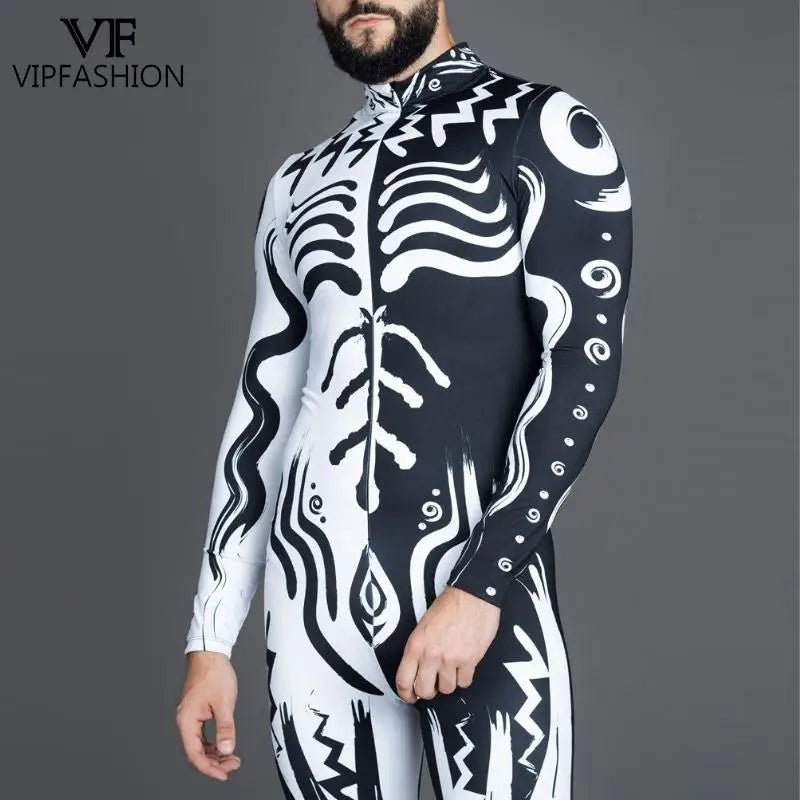 Men's VIP Shaman Eye Art Front Zipper Zentai Bodysuit Catsuit Black White Halloween