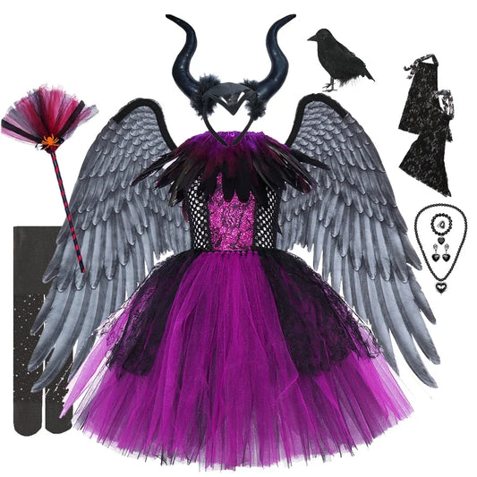 Girls Halloween Black Witch Cosplay Costumes with Big Wings Children Black Evil Queen Feather Purple Dresses - product image 1