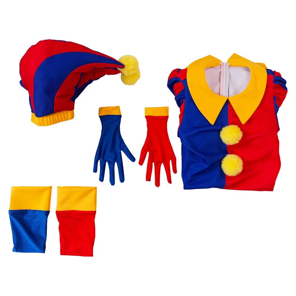 Adult Women Clown Costume Hat Disguise Blue Red Jumpsuit Jester Halloween Fancy Dress Up - set / S
