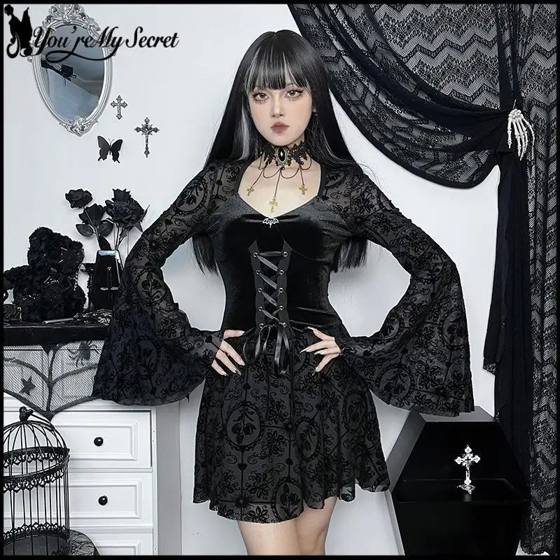 Women's Gothic Halloween Witch Dress Velvet V Neck Flocked Mesh Bell Sleeve Mini Dress Vintage Vampire - product image 6