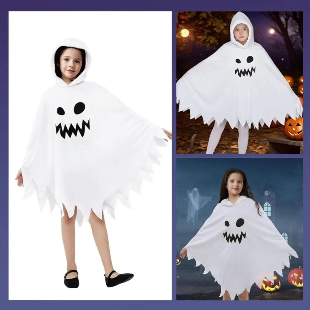 White Black Halloween Costume Ghost Face Design Cape Shawl Luminous Cloak Glow in the Dark - White M / XS（old）