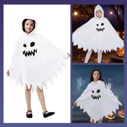 White Black Halloween Costume Ghost Face Design Cape Shawl Luminous Cloak Glow in the Dark - White M / XS（old）