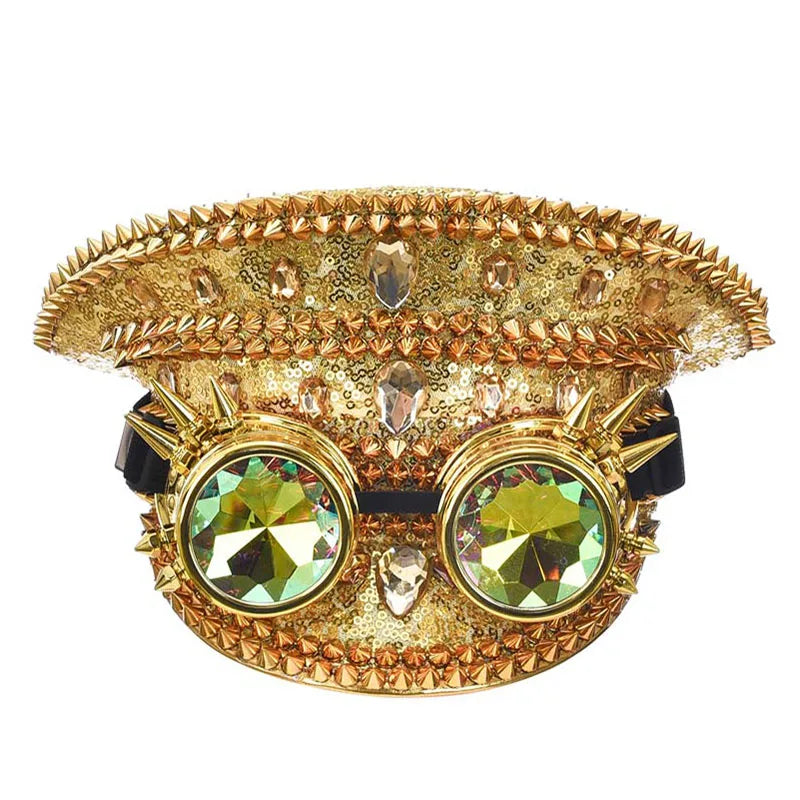 Halloween Costume Steampunk Hat with Goggles Vintage Men Black Sequined & Rivets Gothic - View 8