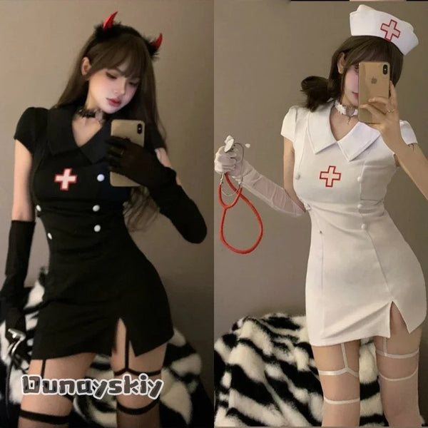 Women's Dark Devil Nurse Halloween Costume - Black & White