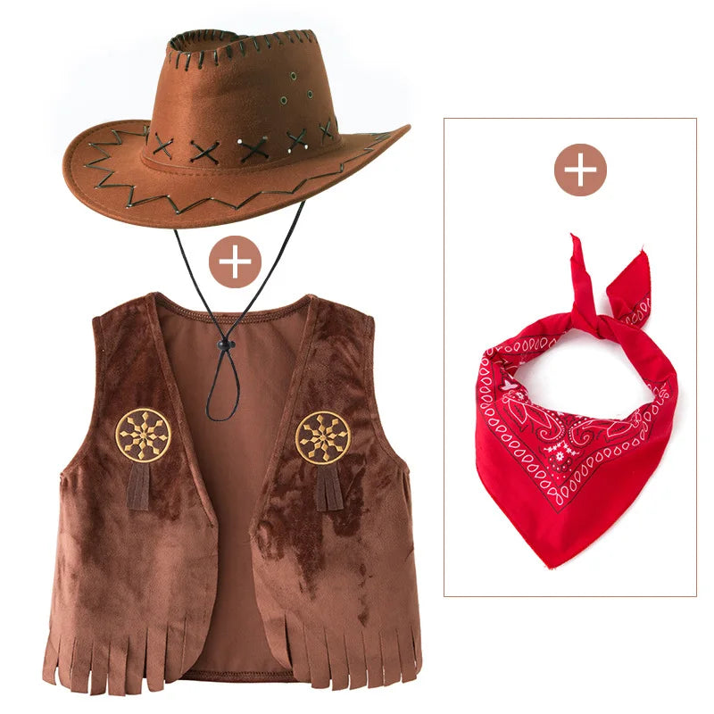 Kids Cowboy Brown Fleece Cowboy Vest with Bandanna & Hat Set Children Western Role