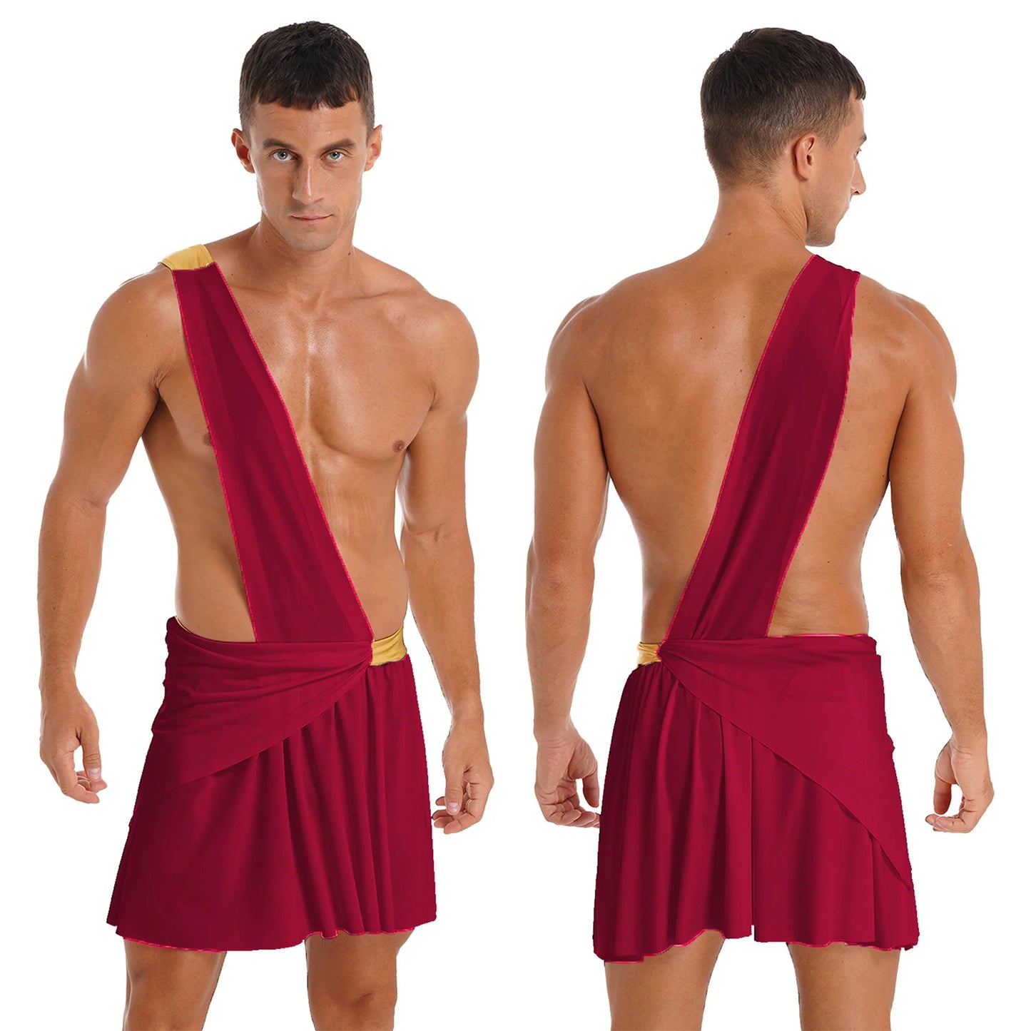 Men's Halloween Ancient Greek Roman Theme Toga Costume One Shoulder Strap Waistband Ruffle - Black / M