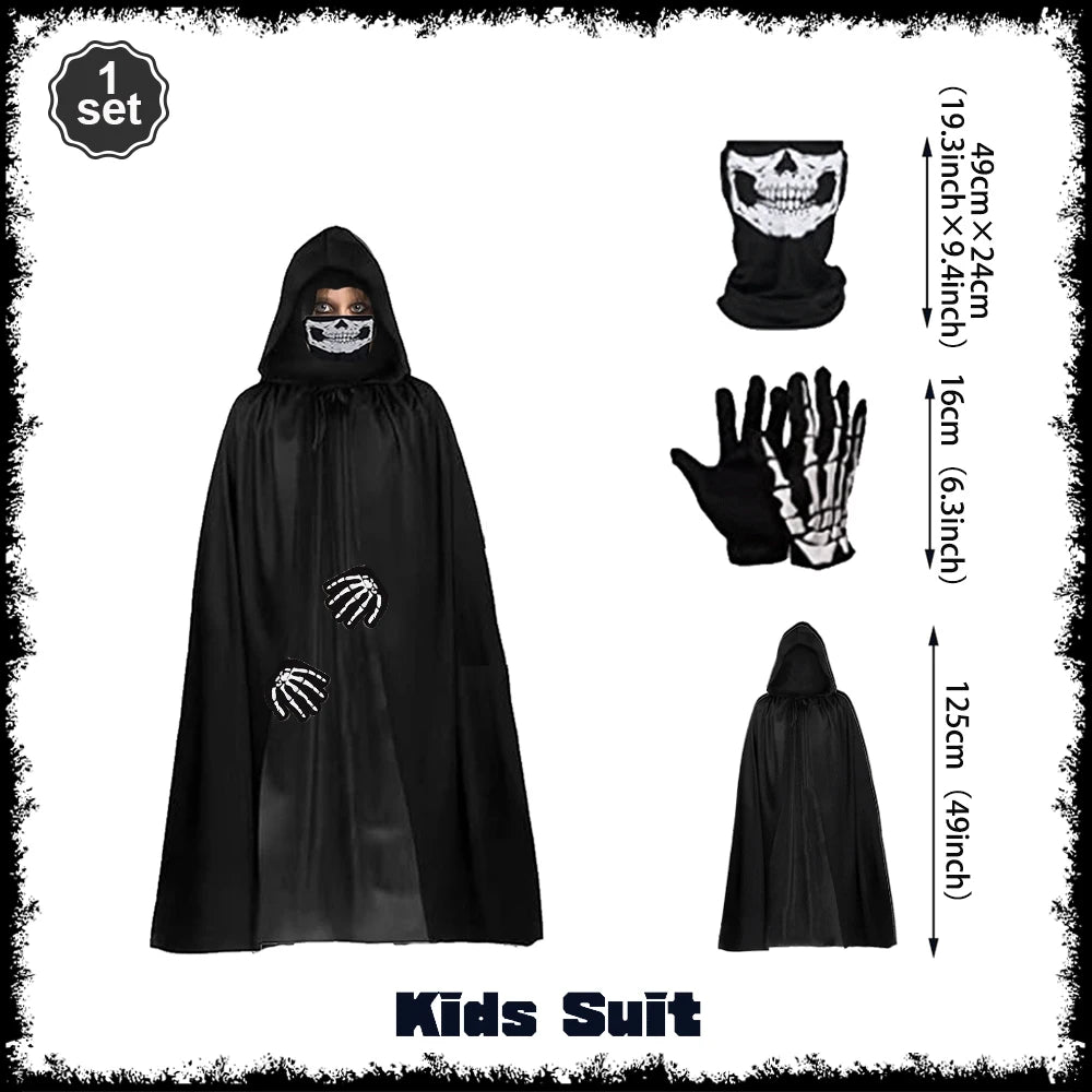 Scary Halloween Grim Reaper Costume Set Scythe Hooded Cape Skull Face Mask Gloves for Kids - View 11