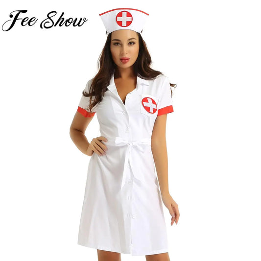 Women's Halloween Theme Party Sexy Nurse Cosplay Costume Short Sleeve Lapel Collar - Discount Halloween City