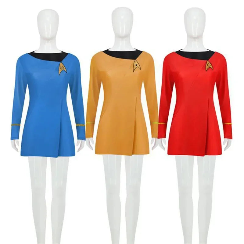 Star Costume Trek Duty Uniform TOS Red Yellow Blue Dress Costume Halloween for Women Badge - Blue dress / S