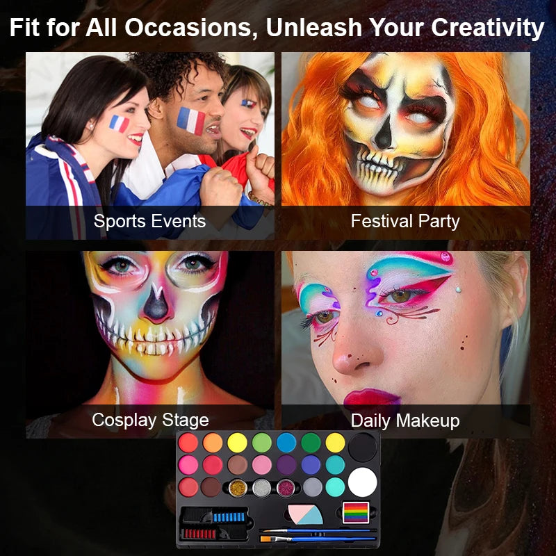 20 Colors Face Body Paint Set Stencils Glitter Brushes Washable - Halloween Makeup - product image 4