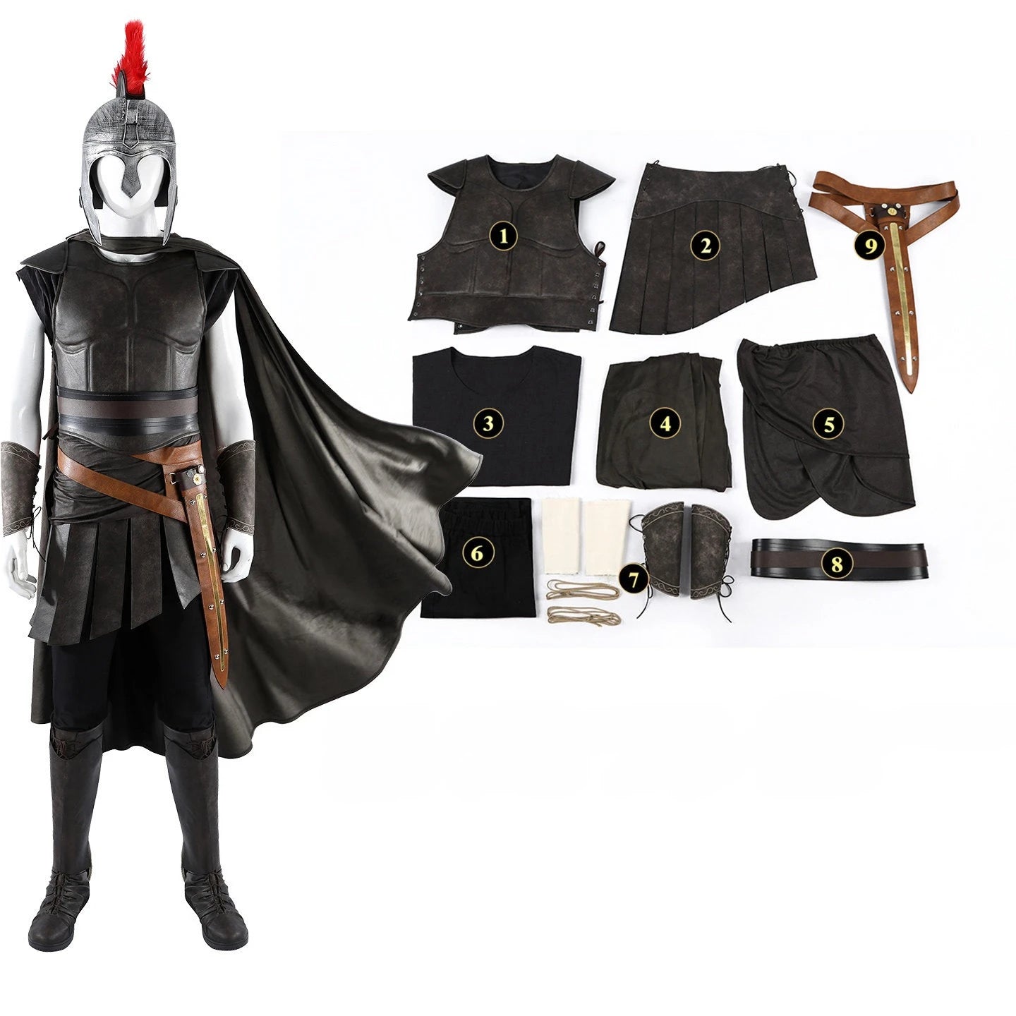 Odyssey Costume Cloak Belt Helmet Medieval Warrior Suit Outfit for Men Women Halloween - Full Set / Custom Size