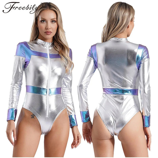 Women Halloween Space Astronaut Costume Sleeve Metallic Shiny Bodysuit Nightclub Pole - Silver / 3XL