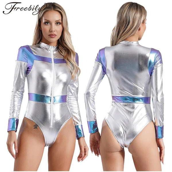 Women Halloween Space Astronaut Costume Sleeve Metallic Shiny Bodysuit Nightclub Pole - Silver / 3XL