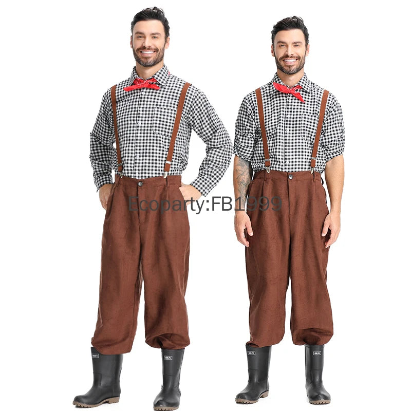 Men's Medieval Colonial Pioneer Farmer Costume Adult Vintage Plaid Shirt Suspenders Pants - A / L