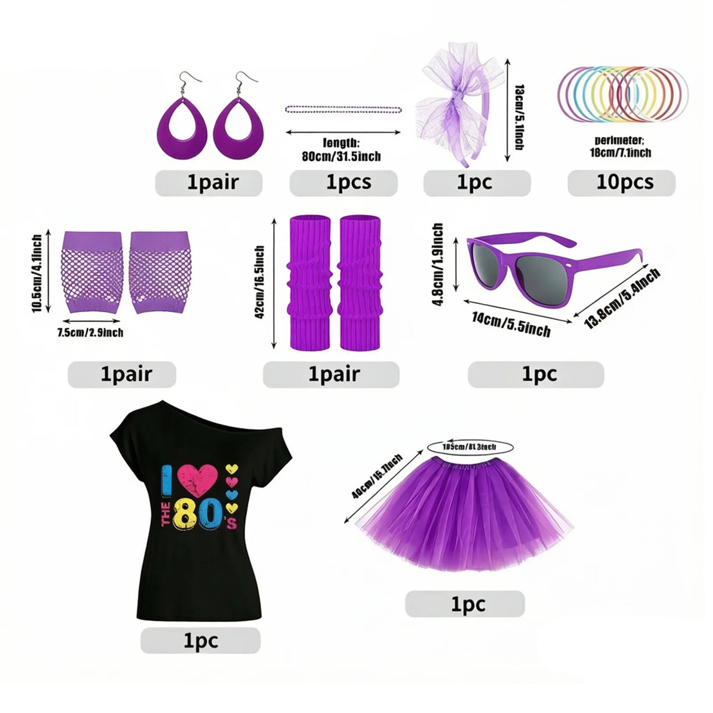 Women's 80s Costume Set Off-Shoulder T-Shirt Tutu Skirt Accessories Neon Outfit for Retro Parties Halloween - product image 3