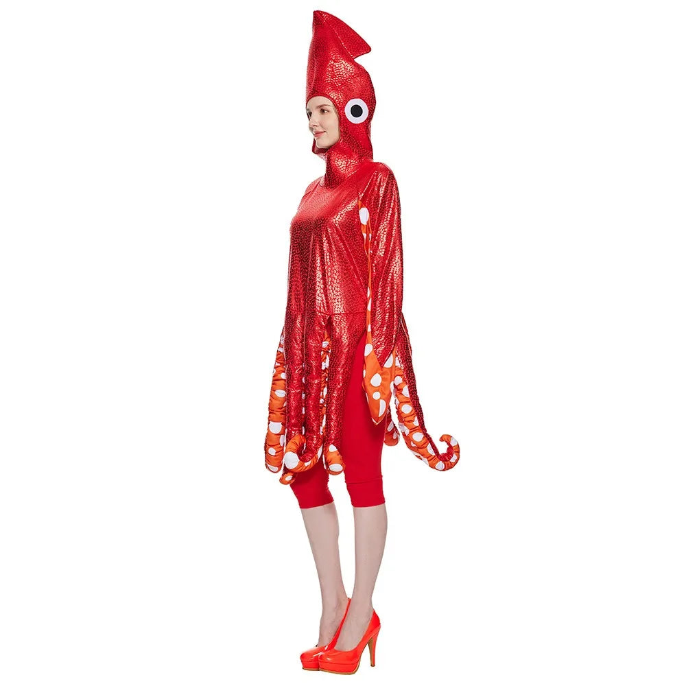 Halloween adult squid costume, ocean creature party jumpsuit, funny cosplay clothes