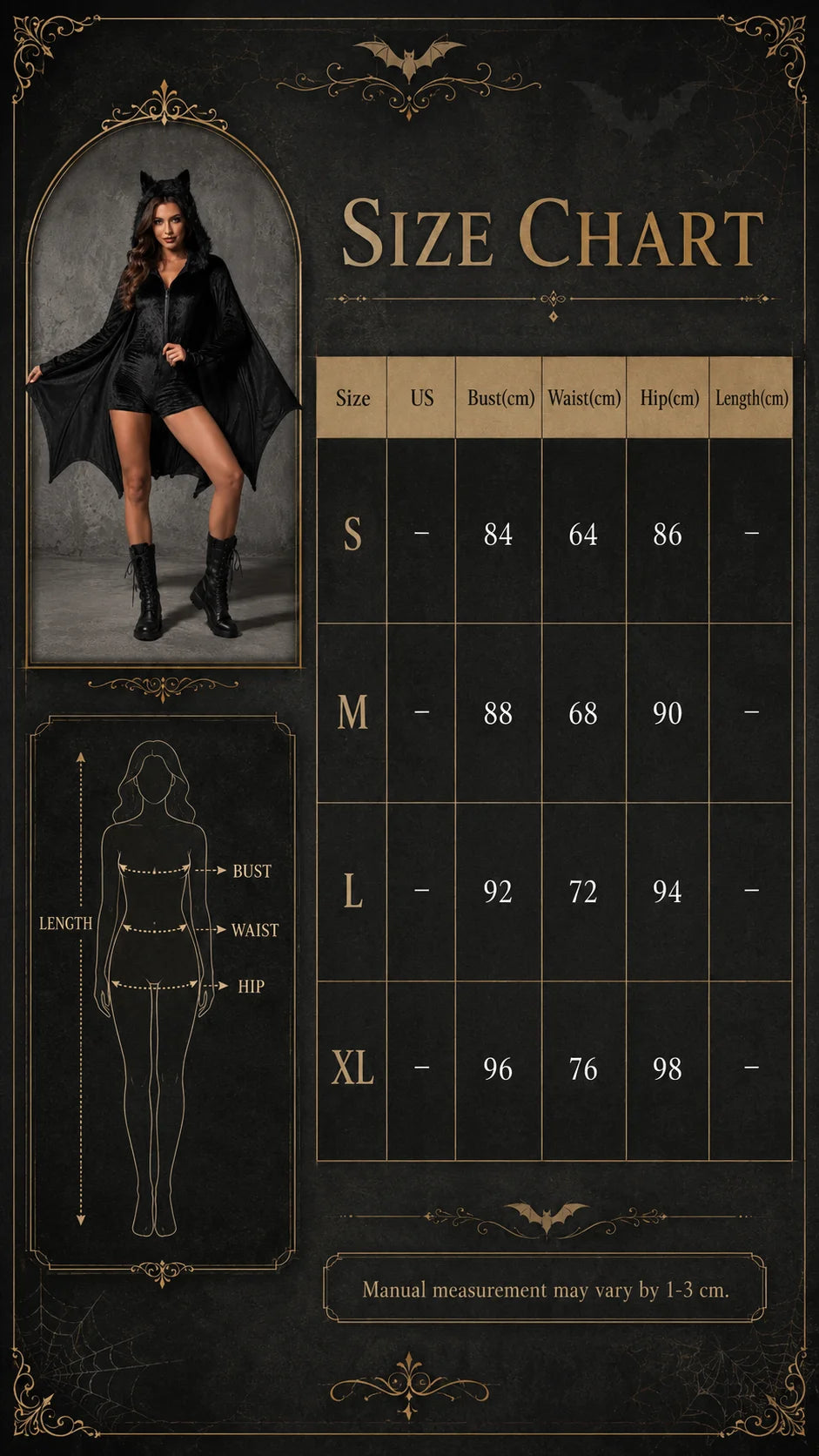 Women's Gothic Bat Costume – Hooded Winged Jumpsuit & Cape
