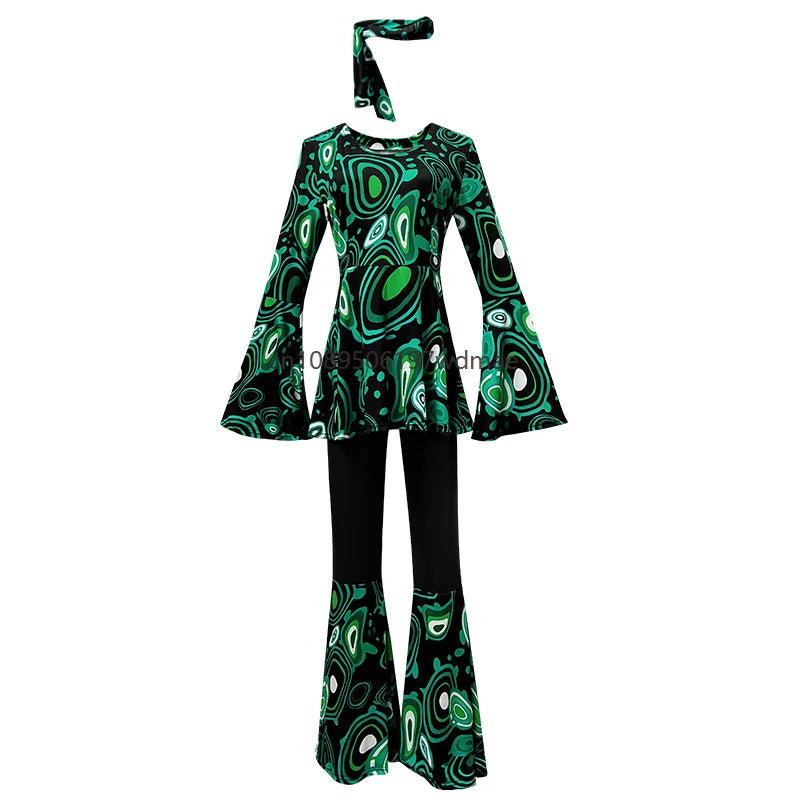 Women's Disco Multi-color Print Costume Hippie Cosplay Performance Clothes with Headband Set Female Dance - product image 8