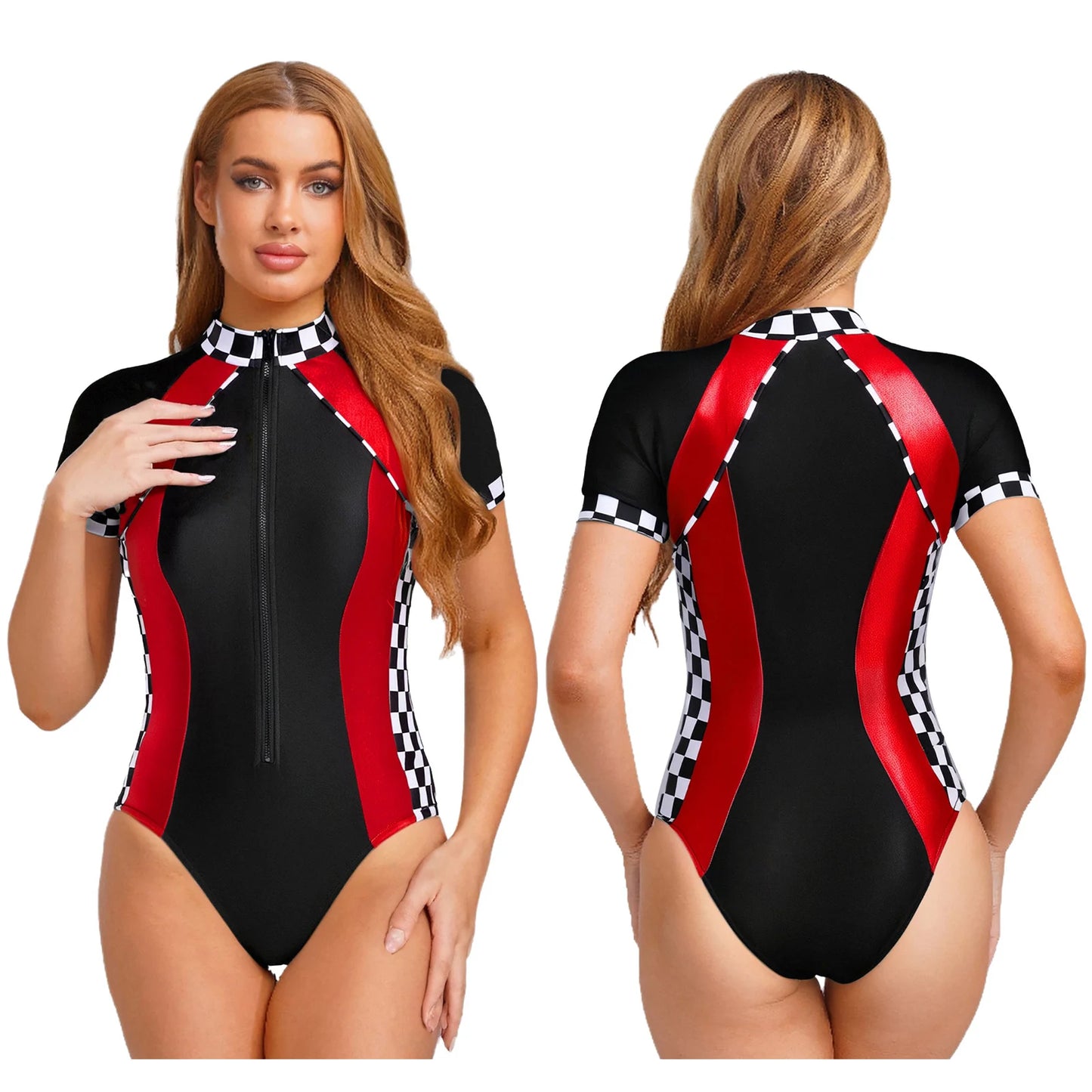 Women's Racer Racing Race Car Driver Short Sleeve Plaid Shiny Bodysuit Costume - alternate view 10