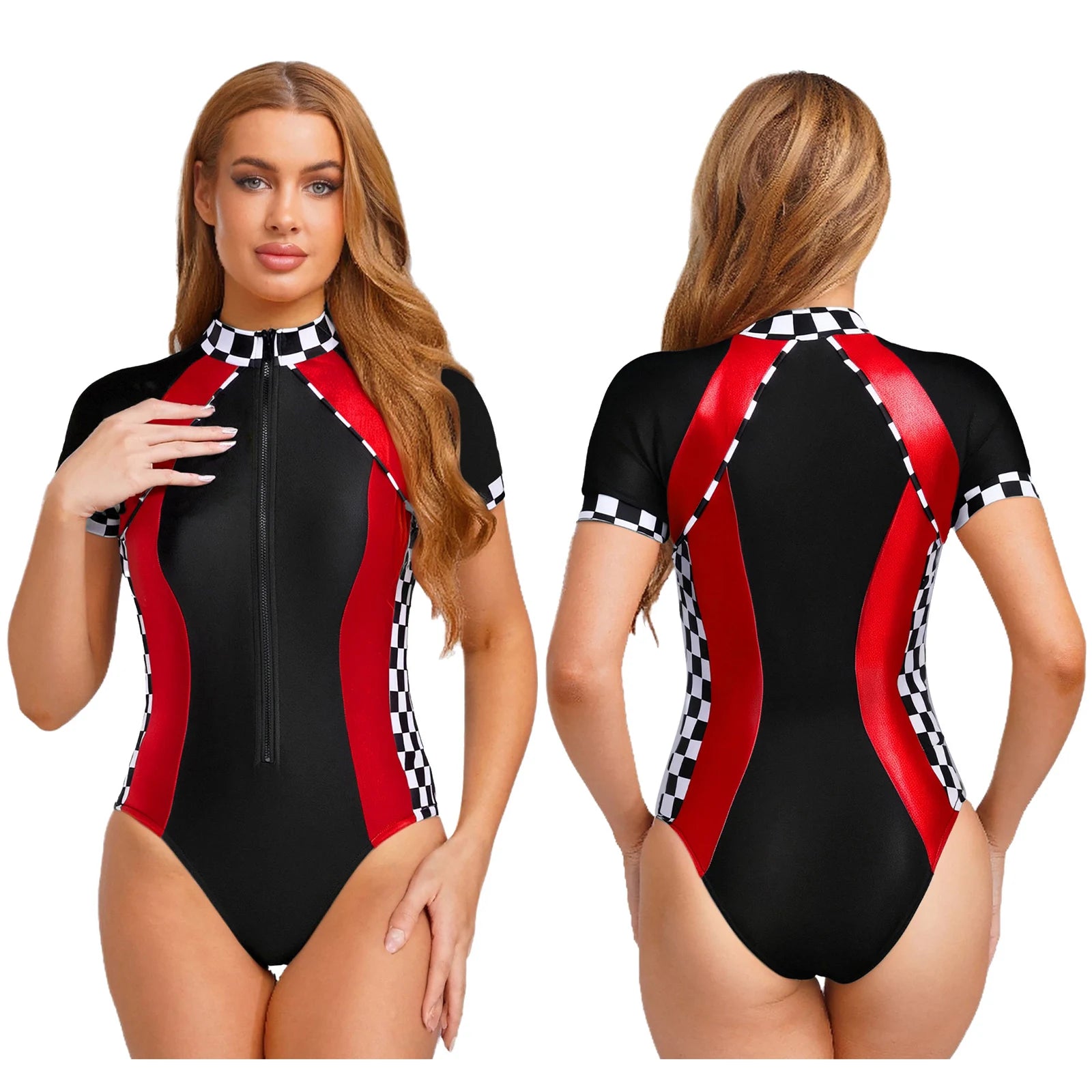 Women's Racer Racing Race Car Driver Short Sleeve Plaid Shiny Bodysuit Costume - alternate view 10