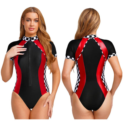 Women's Racer Racing Race Car Driver Short Sleeve Plaid Shiny Bodysuit Costume - alternate view 10